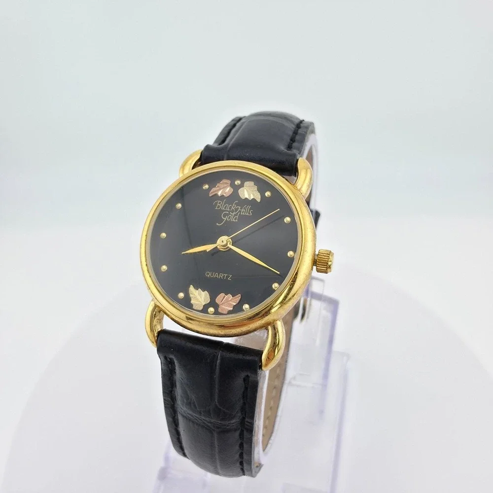 Vtg BLACK HILLS GOLD Ladies Watch 12K Rose & Yellow Gold Leaves Black Band 7.5